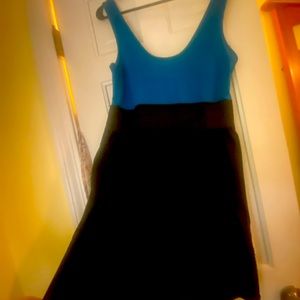Empire waist/banded black and turquoise mini dress